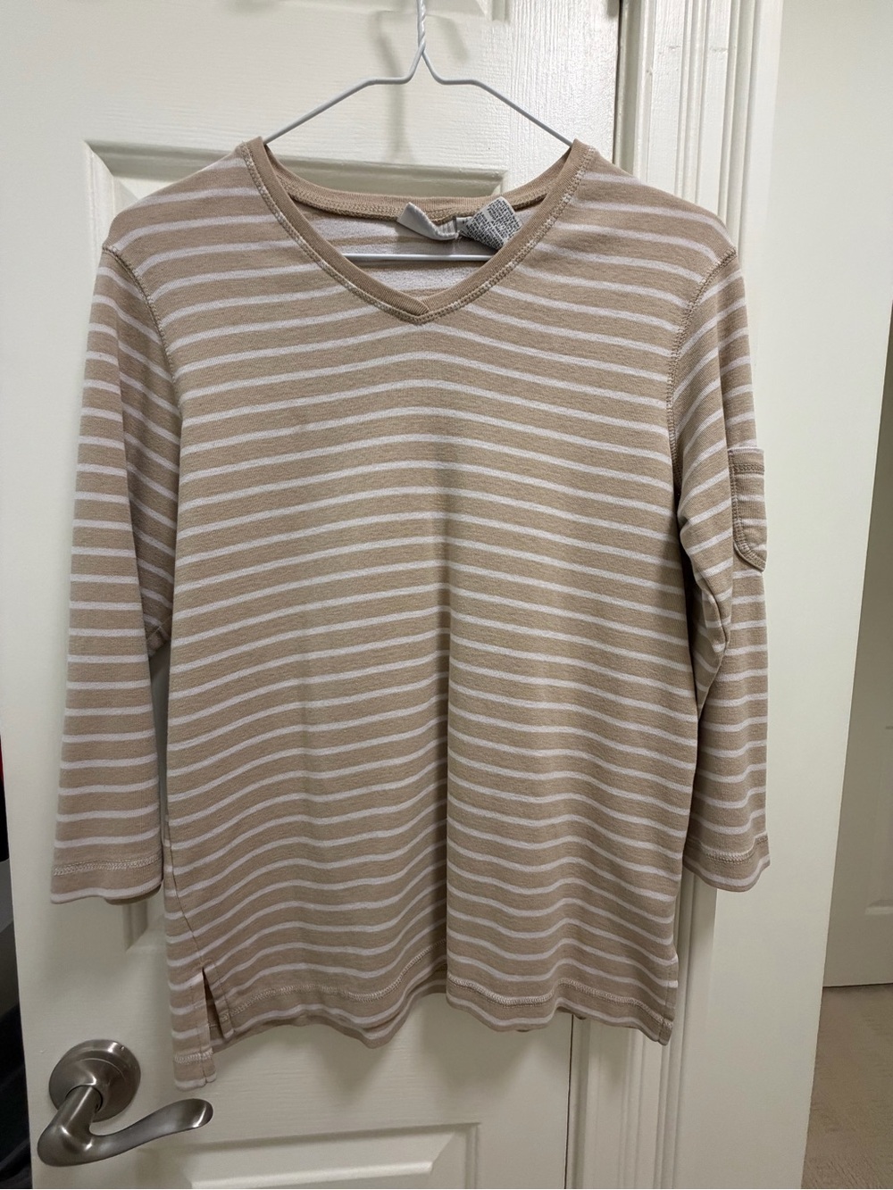White Stag Striped V-Neck Top in Beige and White